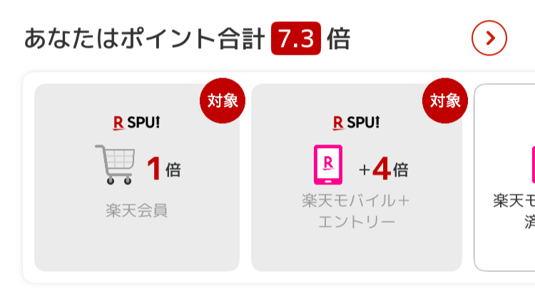 筆者の実際の楽天SPUが常時7.3倍を達成していることを示す画像。「あなたはポイント合計7.3倍」と書かれている楽天公式アプリのスクリーンショット。