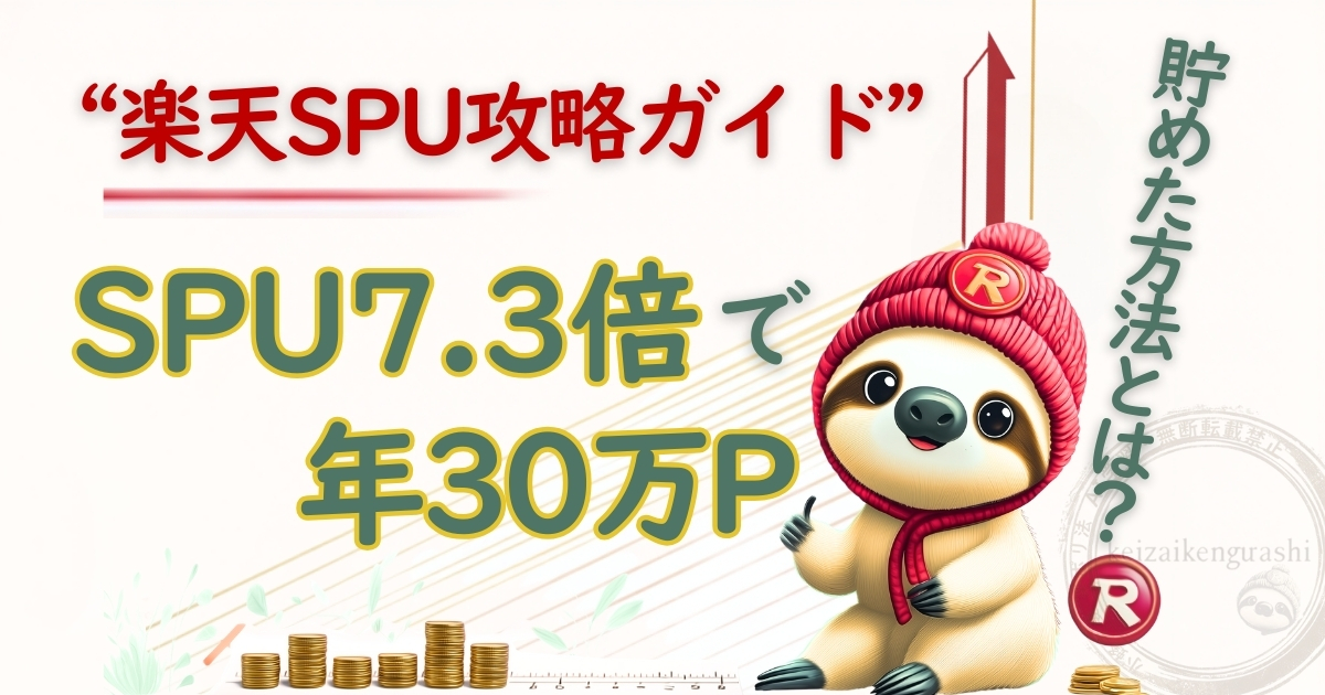 楽天SPU攻略ガイドのアイキャッチ画像。SPU7.3倍で年30万ポイントを現実的な攻略法を解説する様子を表現したイラスト。