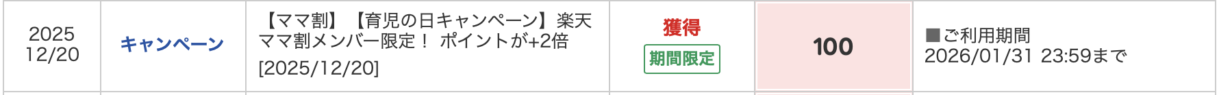楽天ポイント獲得明細。2025年12月20日付与、「【ママ割】【育児の日キャンペーン】楽天ママ割メンバー限定！ ポイントが+2倍」で期間限定100ポイント